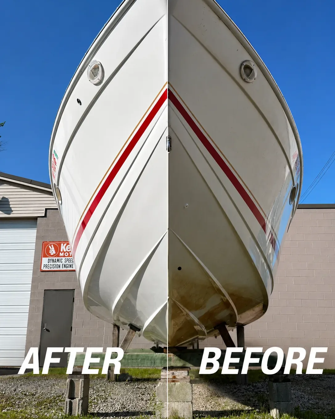 Bow of a white speedboat with red stripes on its trailer, the left half after and the right half before